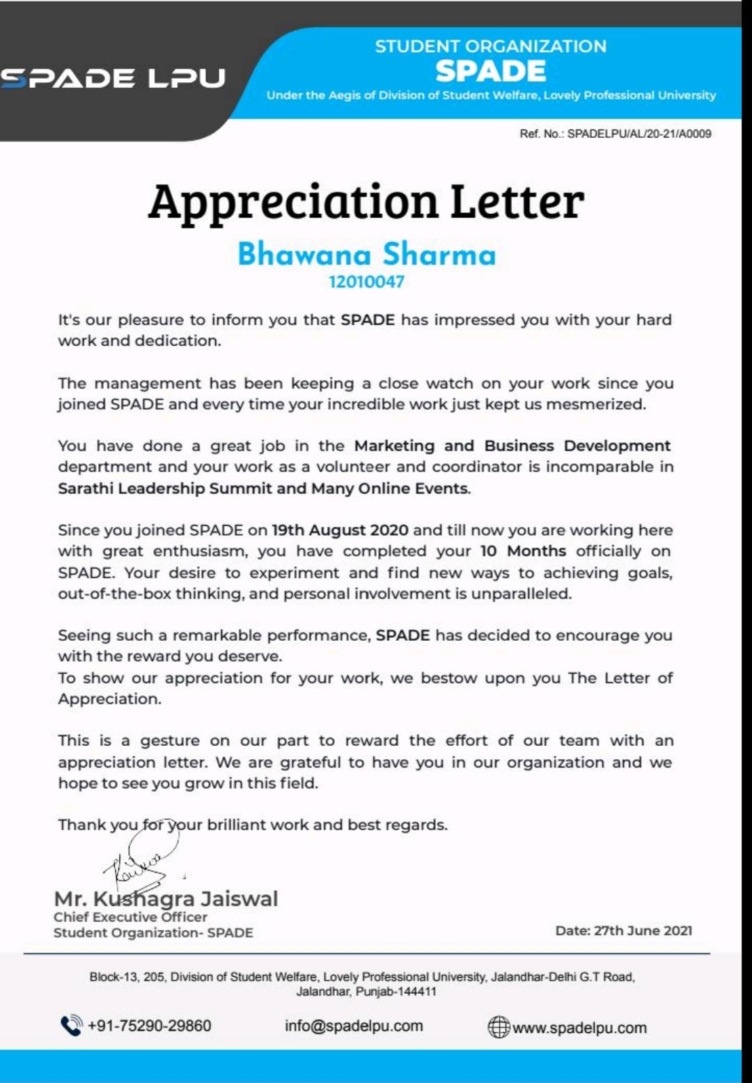 SPADE LPU Appreciation Letter